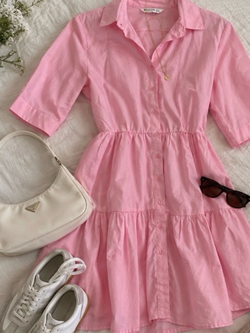 Stradivarius Pink Button-Front Tiered Collared Dress Size Small